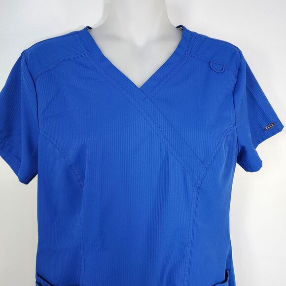 Elle Womens Scrub Top XS Mock Wrap EL620 Royal Blue Patch Pockets Tonal Texture - Picture 3 of 10